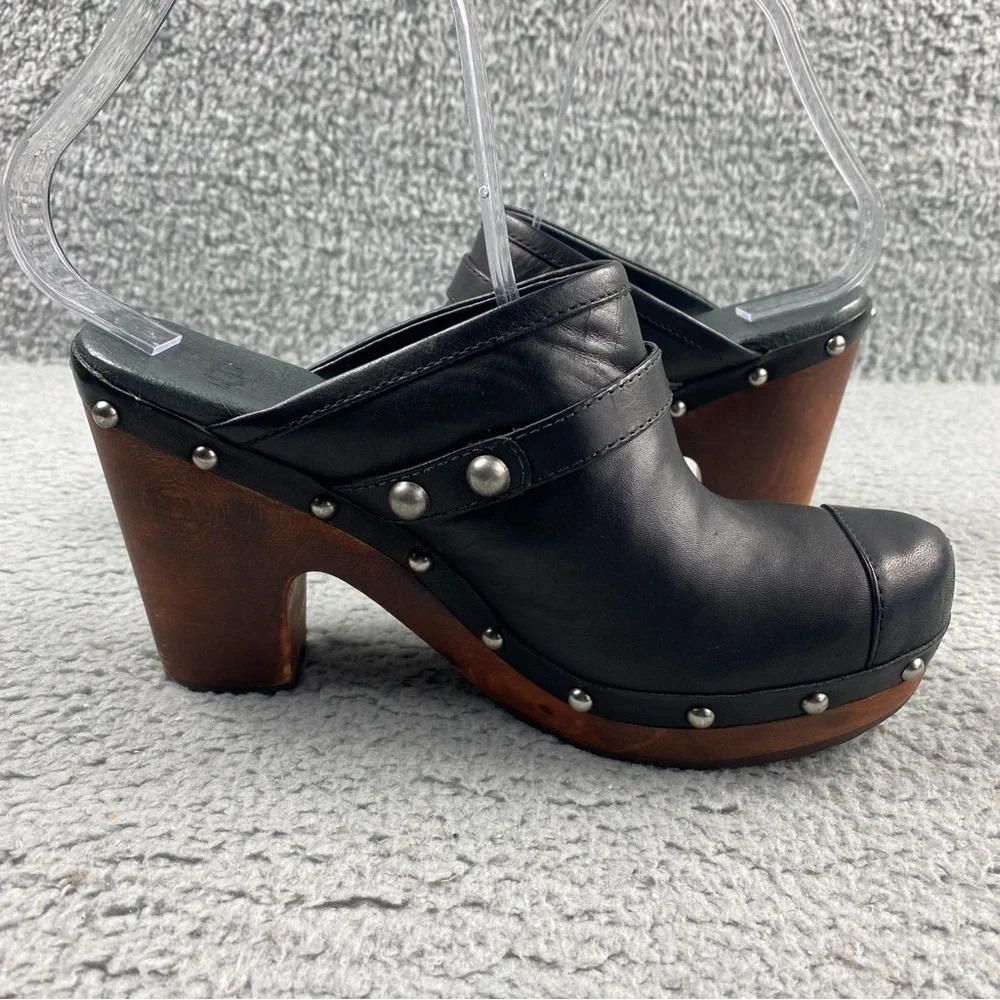 UGG Australia Jolene Heeled Clogs Black Leather Wood Shear Silver Studs Womens 7 - Picture 11 of 16
